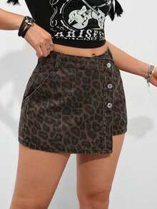 PETITE Short vaquero sexy con bolsillo frontal, cruce de cintura y abotonado para mujer - Multicolor - Ver 6