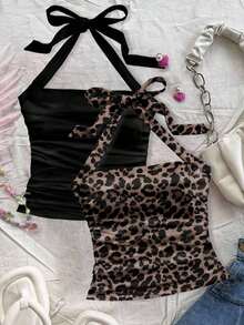 Set de 2 tops de mujer con cuello halter, espalda descubierta y estampado floral fruncido - Multicolor 4 - Ver 7