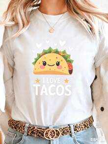 Carnaval Fiesta Taco Luz del sol Y Sonríe 100% Algodón Mujeres Yo Amor Tacos" Camiseta - En forma de corazón Taco Imprimir Manga corta Cuello Redondo Superior, Informal Estilo Para Primavera Y Verano, Con temática de parejas Tee, Cómodo Para Todos los días Ropa Y A Superior Elección Para Taco Festivales, Máquina Lavable Informal Ropa, vestimenta Transpirable Algodón Tee, Todos Partido Positivo Actitud Positivo Ropa de Verano Fresca para Mujer de Attitude - Blanco - Ver 6