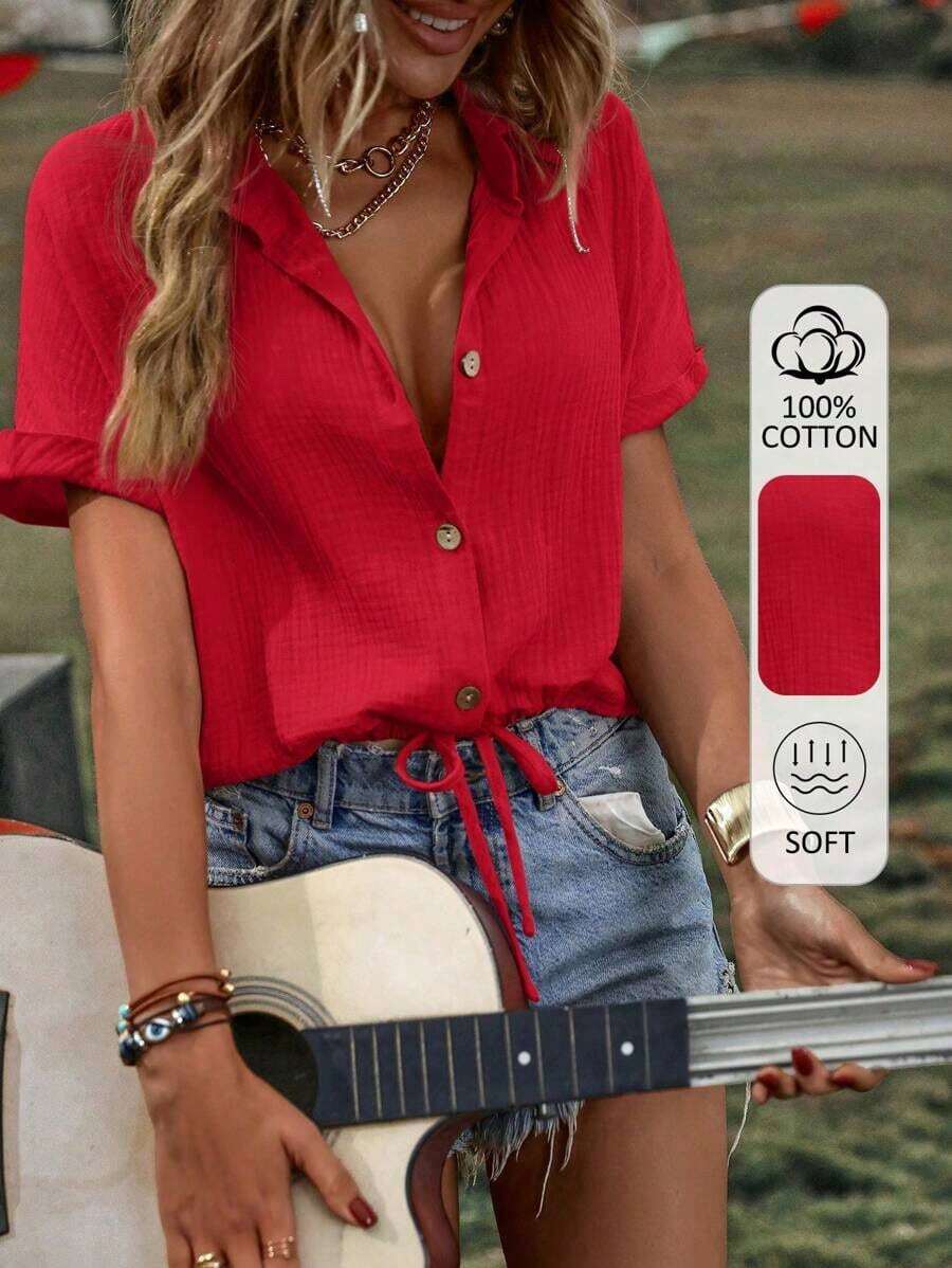 Camisa de verano para mujer, casual, suelta, de un solo botón y unicolor - Rojo - Ver 1