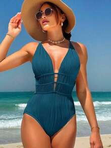 Traje de baño de una pieza con diseño de espalda descubierta, de unicolor, fashionable, para playa de verano, color blanco - Azul - Ver 3