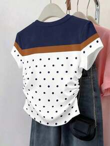 Set de 3 blusas de mujer con estampado de rayas, cuadros y gráficos, de manga corta y con efecto de cintura ceñida - Multicolor 9 - Ver 2