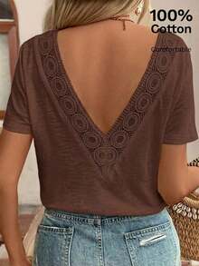 Top con espalda al descubierto y encaje entrelazado, camiseta, blanco imprescindible, conjunto de verano, imprescindible de la temporada de bodas, estilo francés - Café integral - Ver 7