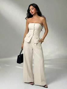 1 Conjunto de Top Camisola Ajustada de unicolor y Pantalones Elegantes para Otoño/Invierno - Albaricoque - Ver 6