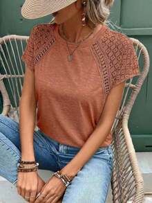 Elegante Camiseta Ajustada Con Patchwork De Encaje Y Manga Corta - Marrón - Ver 4