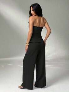 1 Conjunto de Top Camisola Ajustada de unicolor y Pantalones Elegantes para Otoño/Invierno - Negro - Ver 2