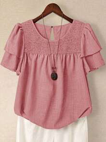 Linhara Blusa casual de verano de talla grande para mujer, de unicolor, cuello redondo, manga corta de doble capa, plisada, de moda versátil para vacaciones - Rosa - Ver 6