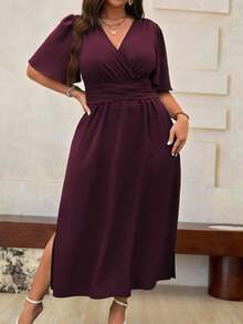 Vestido maxi de verano para mujer talla grande, de manga corta con volantes y cuello en V de un solo color - Granada - Ver 4