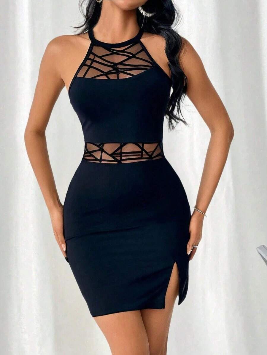 Vestido De Mujer Sin Mangas Y Cuello Halter Con Inserción De Malla Y Lentejuelas Brillantes En Corte Ceñido - Negro 2 - Ver 1