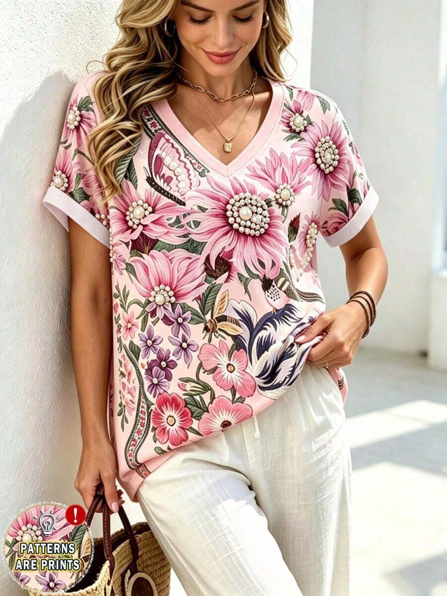 Camiseta de manga corta con cuello en V con estampado de rayas y fresas, adecuada para uso casual diario, tallas grandes para mujer - Multicolor 7 - Ver 1