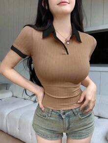 casual de mujer de unicolor con cuello polo y manga corta, para el verano, top corto para mujeres - Camel - Ver 2