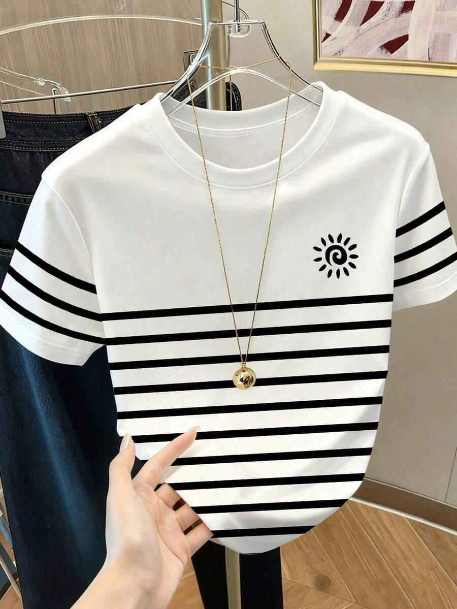 Camiseta casual de mujer de manga corta con estampado de corazón y cuello redondo de color contrastante - Blanco 2 - Ver 1