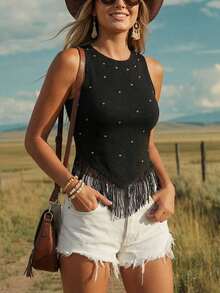 Top corto con flecos y tachuelas de estilo bohemio y western para festivales de música de verano, conciertos occidentales y raves europeas de verano para mujeres - Negro - Ver 3
