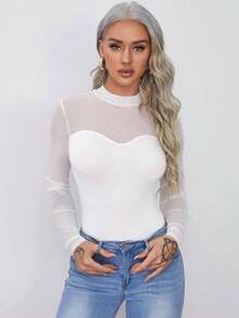 Privé Camiseta unicolor de yugo con malla - Blanco - Ver 6