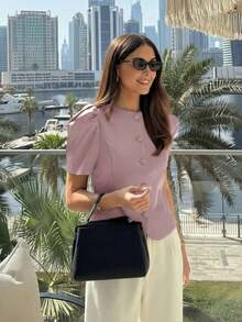 Elegante blusa de mujer de cuello redondo en color marrón, con mangas abullonadas, diseño de cierre con botones delanteros, chaqueta de blazer de manga corta de moda, verano negro - Rosa - Ver 4