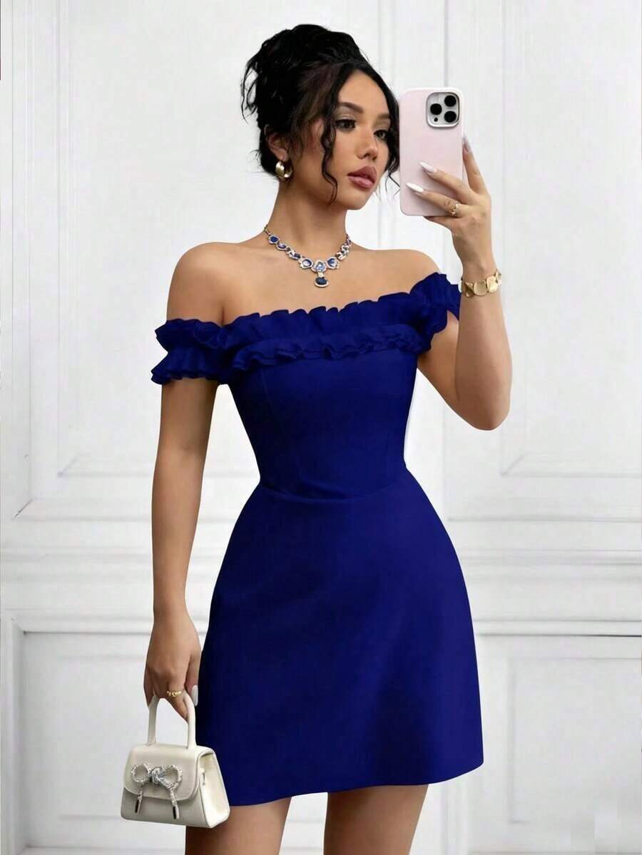 Vestido romántico con hombros descubiertos y volantes en la cintura para mujeres - azul real - Ver 1