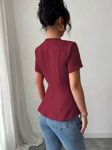 Blusa casual de primavera y verano, elegante, de estilo francés, de unicolor, con cuello redondo, corte evasé, manga corta, con cintura ceñida, detalle de lazo y cremallera posterior - Granada - Ver 2