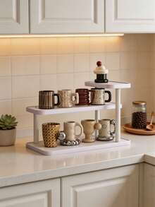 1 pieza Organizador de escritorio de madera vintage, Estante de almacenamiento de cosméticos multicapa vintage, Estante de almacenamiento multifuncional para el hogar, Estante para especias de cocina, Estante para tazas/mugs, Estante de exhibición abierta para lápices labiales, perfumes, tazas de té, botellas de especias, Estante ahorrador de espacio para encimeras - Blanco - Ver 3