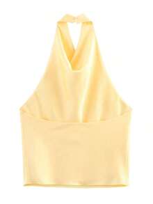 Blusa sin espalda de satén sexy para mujer, top casual elegante para fiesta de noche en color negro - Amarillo - Ver 8