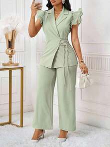 Conjunto de traje de mujer con blazer de manga con volantes rosa y pantalones elásticos de cintura alta para otoño/invierno - verde menta - Ver 8