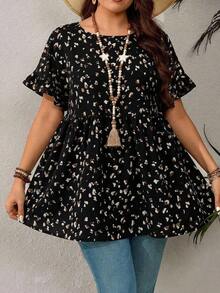 Camisa con estampado todo sobre y mangas con volantes, estilo casual de resort, tallas grandes.Atuendos de verano para mujer/Verano, ropa de mujer para vacaciones tropicales - Negro - Ver 7