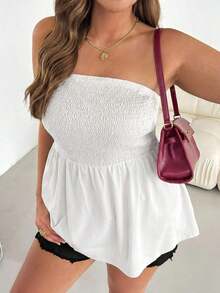 Blusa sin tirantes de rayas negras y blancas, versátil, cómoda y estilizadora, para mujer talla grande, ideal para primavera/verano, vacaciones y salidas, estilo europeo de verano - Blanco - Ver 4