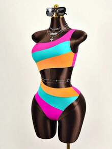 Traje de baño de una pieza con bloque de color y un solo hombro para mujer, ideal para nadar, vacaciones y playa en verano - Multicolor 4 - Ver 4