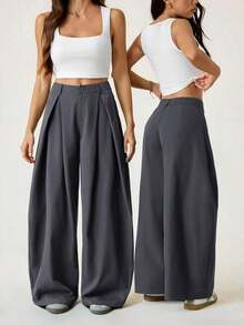 Pantalones anchos de verano con dobladillo curvo verde, estilo vintage, casual y para salir - Gris Oscuro - Ver 2