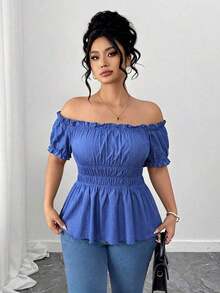 Blusa de manga corta con hombros descubiertos, volantes y estampado de flores de cerezo, de talla grande y diseño elegante.Corte de cintura minimalista y estilizador.Adecuada para el uso diario, citas, salidas y vacaciones. - Azul - Ver 3