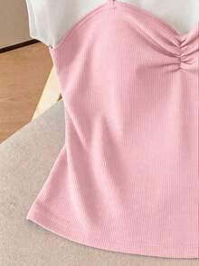 Camiseta de punto de manga corta con mariposa de 2 en 1 sin mangas y parches para mujer, diseño de bloques de color negro y blanco, top corto ajustado, ropa casual exterior - Rosa - Ver 6