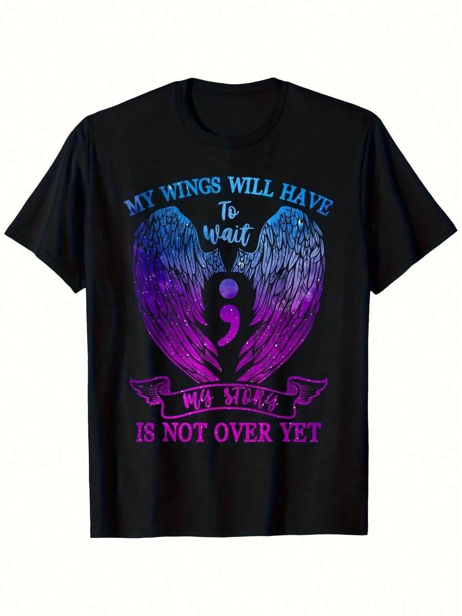 Unisex Mental Health Awareness T-Shirt - 100% Cotton 180gsm, With The Slogan "My Wings Must Wait" And A Wing Design, Themed Around Borderline Personality Disorder (Sizes 1XL-5XL) - Unisex Casual Black T-Shirt. - 黑色 - 查看 1