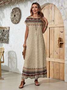 YHHEMERY ROSE Vestido largo de mujer estilo bohemio con estampado, cuello redondo, manga corta tipo murciélago, bajo acampanado, informal y multicolorYHH - Multicolor 3 - Ver 3