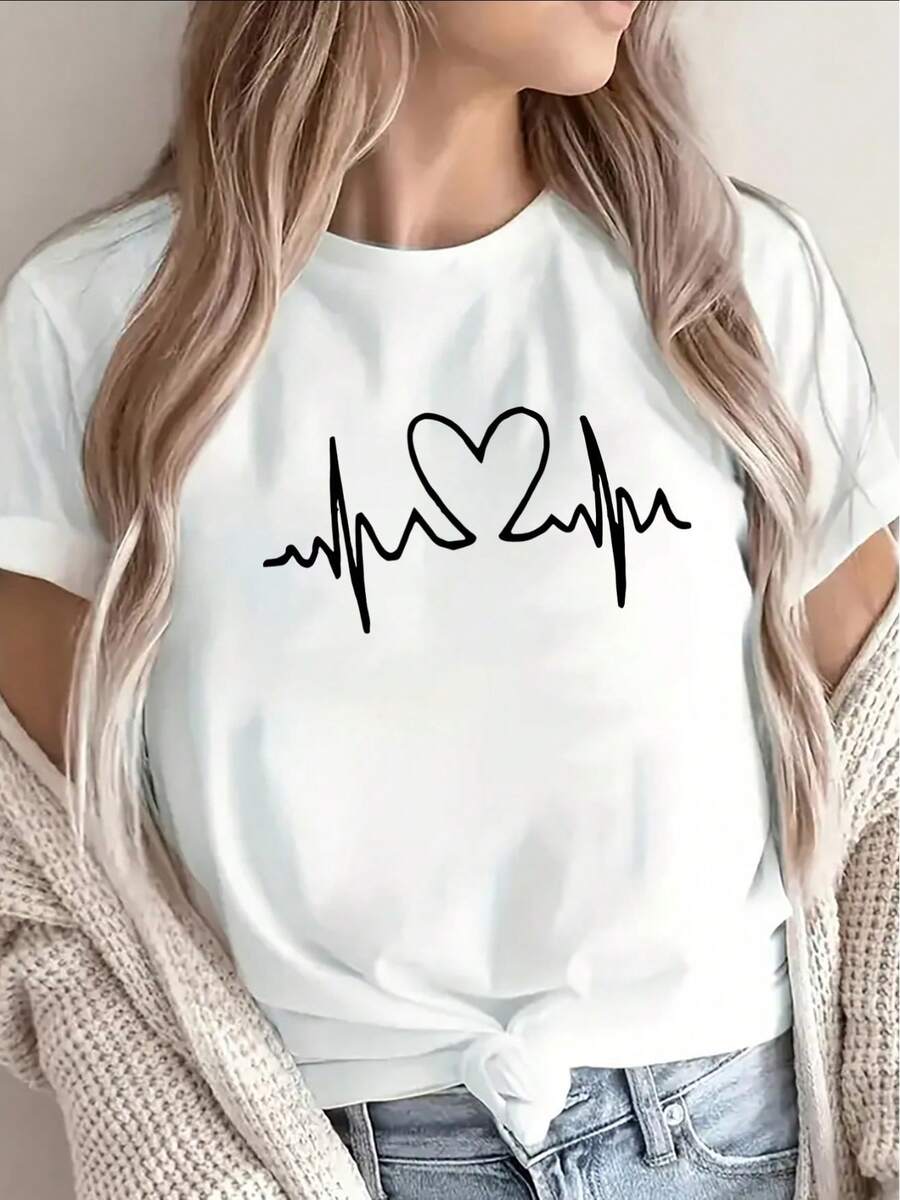 1 Lightweight And Durable Short-Sleeved T-Shirt With A Heartbeat Design, Perfect For Casual Wear At Home, In The Office, Or At A Restaurant. 180g 100% Cotton. - 白色 - 查看 1