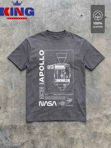 Men's T-Shirt Made Of 100% High-Quality Cotton, This T-Shirt Guarantees Exceptional Softness To The Touch, Round Neck With "NASA WHITE Apollo Mission Diagram" Print On The Front - 深灰色 - 查看 2
