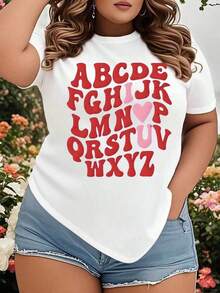 Camiseta Casual para Mujer con Estampado de Corazón y Alfabeto Gráfico, Talla Grande, para el Día de San Valentín y Uso Diario - Blanco - Ver 7