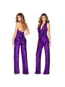 Monocromático dorado con lentejuelas, escote halter en V profundo, diseño de piernas anchas sin mangas, tejido brillante elástico ideal para fiestas nocturnas, eventos festivos y invierno, estilo sexy glamoroso perfecto para cenas elegantes y celebraciones - Morado - Ver 2