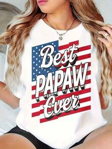 Women's Graphic Tees, Women's Oversized Crew Neck Graphic Tees, 100% Cotton T-Shirt, Casual Wear With American Flag "World's Best Dad", Loose Short Sleeve T-Shirts For Spring,  Summer Basic T-Shirts, Gift Clothing For Women, Women's Summer Cotton T-Shirts. - 白色 - 查看 10