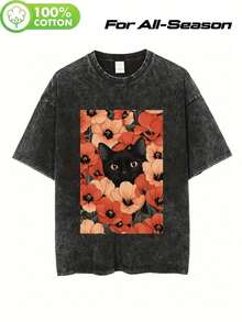 1 camiseta de hombre de 230g de peso pesado, lavada, con estampado de gato negro y margarita roja, ribete blanco, corte holgado, cuello redondo de manga corta, adecuada para estilo callejero vintage y atuendos de fiesta de Halloween, ropa casual para todas las estaciones, lavable a máquina, 100% algodón. - Negro - Ver 1