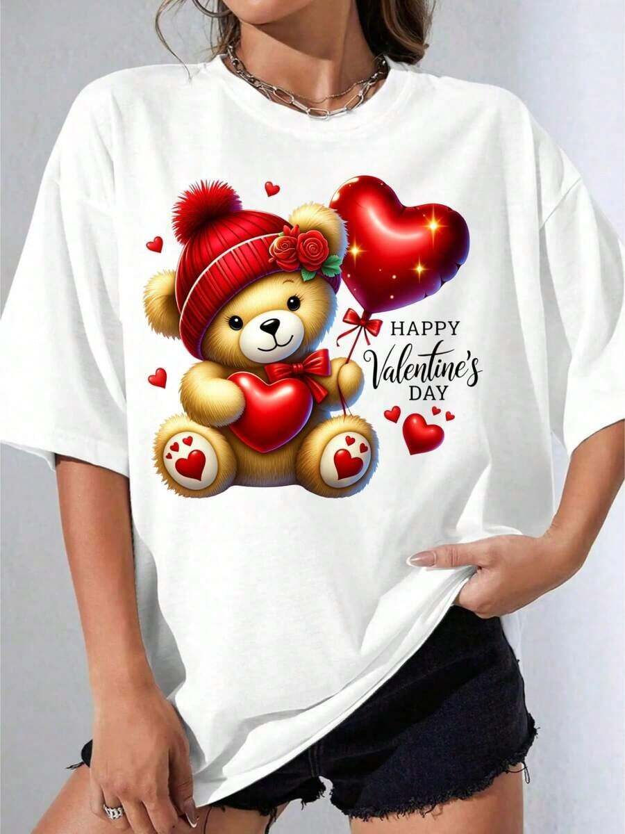 Women's Black And White T-Shirt With Cute Teddy Bear Print For Valentine's Day, White Bear Holding A Heart Balloon, Happy Valentine's Day Print, Casual Wear, Romantic Gift For The Season Of Love, Casual Printed T-Shirt For Outdoor Parties - Urban Vintage Style, Unisex, Cotton, Short Sleeve, Round Neck. Blouses For Women. Blouses. Casual Blouses For Ladies. Print. Printed T-Shirt. Print. - White - View 1