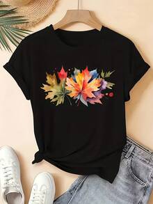 Women's Lightweight Spring/Summer Clothing, Watercolor Maple Leaf Print T-Shirt, Round Neck, Short Sleeve, Fashionable Casual Top, Elegant Party Wear, Loose Fit, Holiday Gift, Fun Design, Everyday Wear, Loungewear, Daily Casual Outfit. - 黑色 - 查看 11