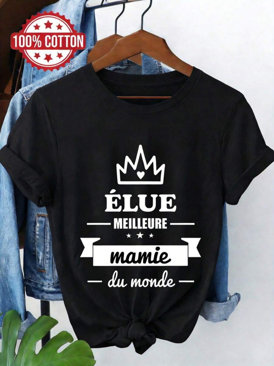 Camiseta ligera, transpirable y holgada para mujer con diseño clásico de corona y estampado "Mejor Abuela". Camiseta de algodón puro con cuello redondo para mujer, ideal para el verano. Top casual de manga corta con estilo único para uso diario. Corte holgado, transpirable y suave. Atuendo perfecto para vacaciones y días de descanso. Ideal para combinar en conjuntos de primavera y otoño. - Negro - Ver 1