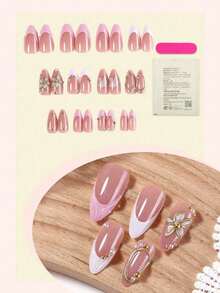 24pcs French Tip Acrylic Press On Nails Medium Almond 3D Flower Water Ripples Decoration Metal Accessories Rhinestone Glossy Full Cover Fake Nails Nail Art. - Multicolor - View 2