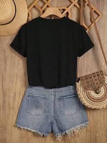 1 Piece Of Women's Short-Sleeved Summer T-Shirt With Coffee-Colored Letter Print, Fitted Design With Round Neck, 180g, 100% Cotton. - 黑色 - 查看 3