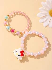2pcs/Set Sanrio Cute Kitty Pendant Pearl Beaded Bracelet, Suitable For Holiday Party Campus Birthday Gift For Girls, Colorful Beads Random - Multicolor - View 6