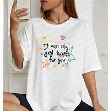 ropa de mujer Camiseta de algodón estampada estilo coreano de verano para mujer, solo cosas buenas pueden sucederte, camiseta de manga corta con cuello redondo para mujer, estampado de letras, holgada, informal, versátil, para uso diario, playa, fiesta, vacaciones, camisas de mujer - Blanco - Ver 4