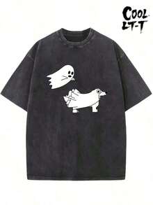 1 pieza de camiseta gráfica retro 100% algodón, 100% algodón lavado, 230g, camiseta vintage de algodón puro para hombre, con un diseño casual y elegante que presenta un fantasma oscuro y un perro arrastrado por un fantasma. Ideal para deportes al aire libre, esta camiseta ofrece un ajuste holgado y está hecha de un tejido de punto suave. Conjuntos de verano para mujer 180g Algodón 100%. - Negro - Ver 1