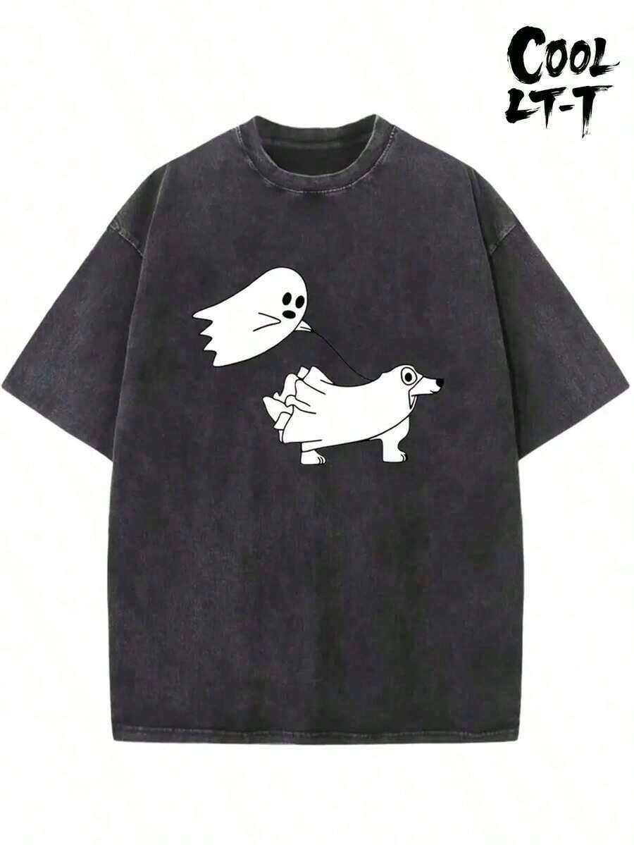 1 pieza de camiseta gráfica retro 100% algodón, 100% algodón lavado, 230g, camiseta vintage de algodón puro para hombre, con un diseño casual y elegante que presenta un fantasma oscuro y un perro arrastrado por un fantasma. Ideal para deportes al aire libre, esta camiseta ofrece un ajuste holgado y está hecha de un tejido de punto suave. Conjuntos de verano para mujer 180g Algodón 100%. - Negro - Ver 1