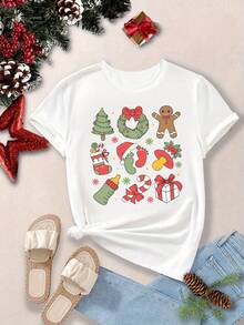 1 pieza, regalo de Navidad, regalo para enfermeras, camiseta estampada de Navidad 180g 100% algodón - Negro - Ver 8