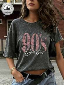 1 Piece Women's Plus Size 80s Retro Graphic T-Shirt - Loose Fit, Large Letter Print, Casual, Short Sleeve, Crew Neck, Machine Washable, Comfortable, Relaxed Fit, Fun Design, Cotton Fabric, Suitable For Daily Wear, Urban Retro Style, Black, Summer, 180g, 100% Cotton - 黑色 - 查看 12