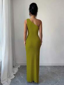 New Women's Sexy Solid Color Maxi Dress With Asymmetrical Shoulder, Twisted And Ruched, Asymmetrical Neckline, Knit Texture And Fitted Style, Twisted Design With Slit, Elegant Outfit For Women, Dress For Spring/Summer Party, Vacation, Valentine's Day - 酒紅色 - 查看 2